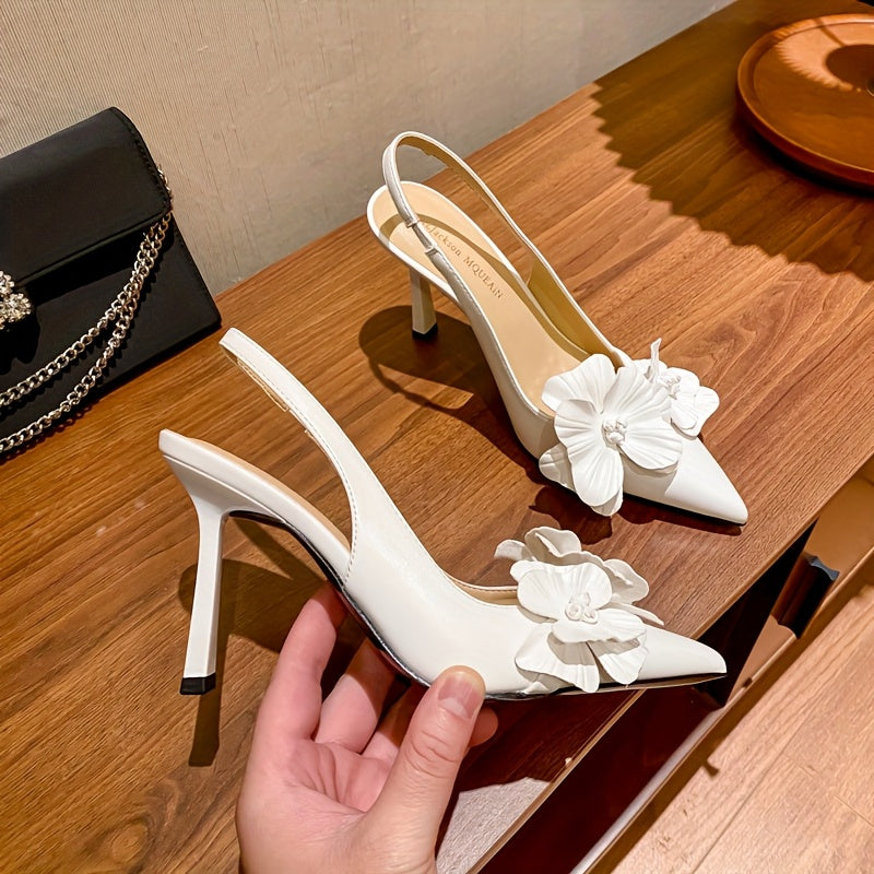 Women's Pointed Toe High Heel Shoes with 3D Flower Embellishments Black White for Weddings Parties