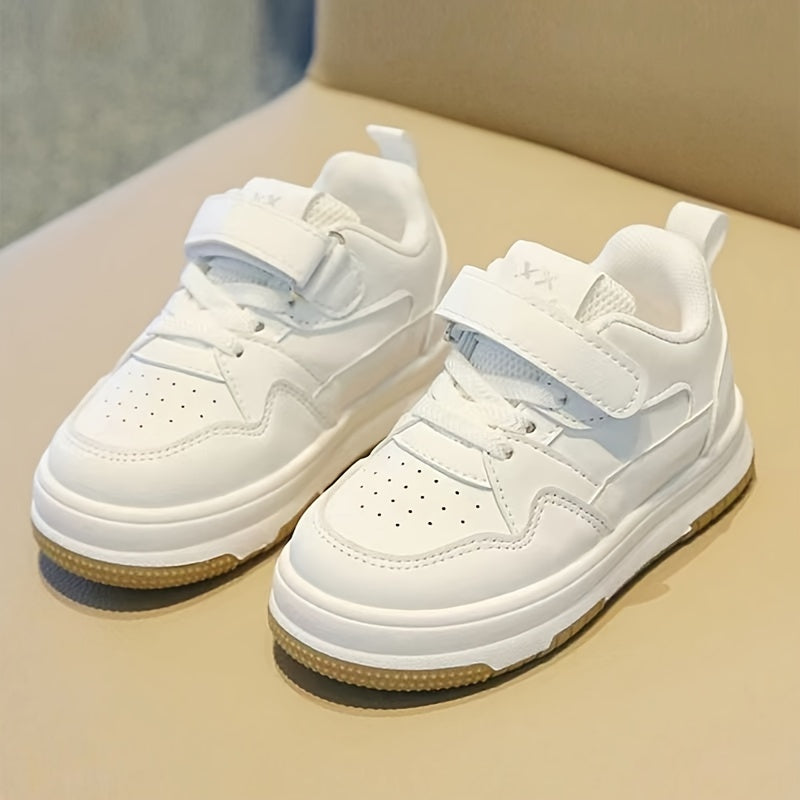 Kids' White Low Top Sneakers for Boys and Girls Adjustable Strap PU Upper Casual School Shoes