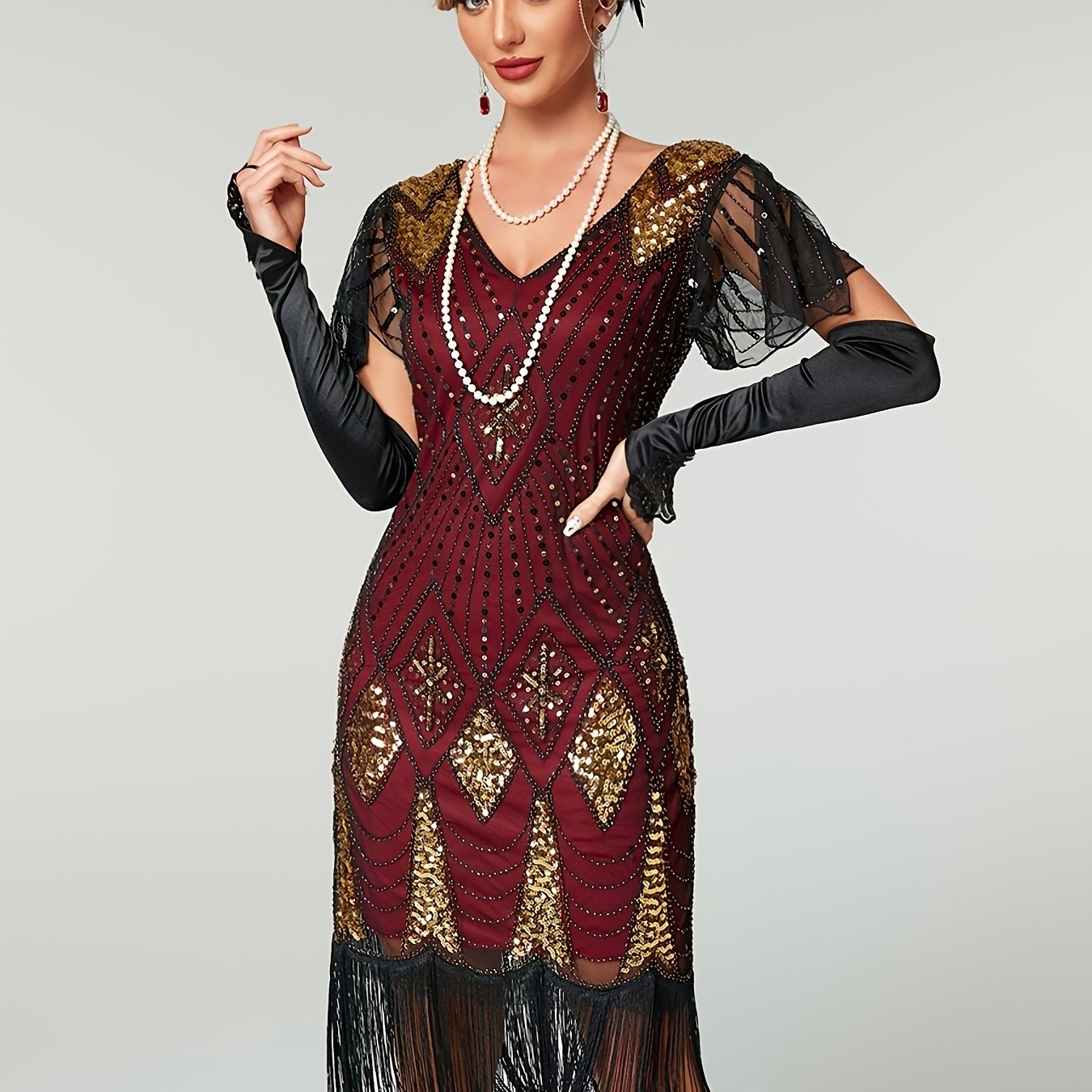 Women's Sequin Fringe Flapper Dress V-Neck Cocktail Gown Evening Wear