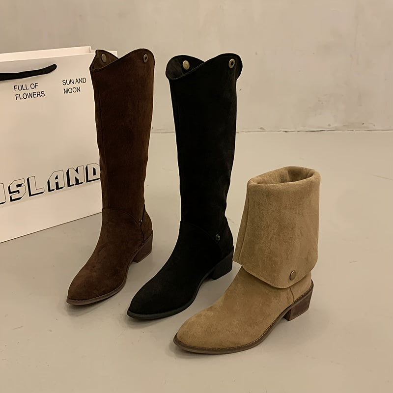 Women's Black Pointed Toe Chunky Heel Knee-High Winter Boots