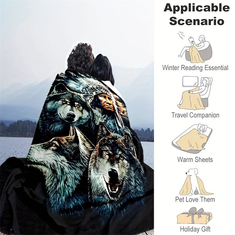 Retro Indian and Wolf Pattern Printed Blanket with Flange Soft Warm Fabric for Sofa Bed Camping