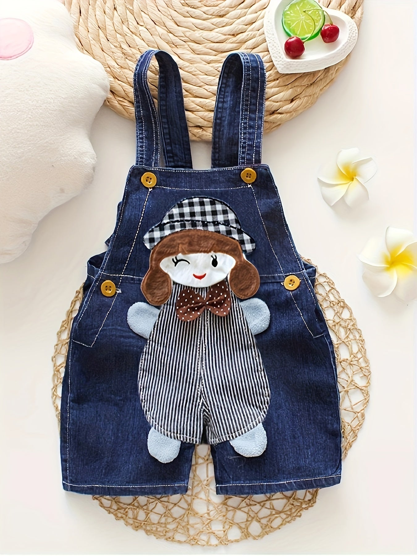 Kids' Denim Striped Suspender Pants with Pockets for Girls Summer Regular Fit