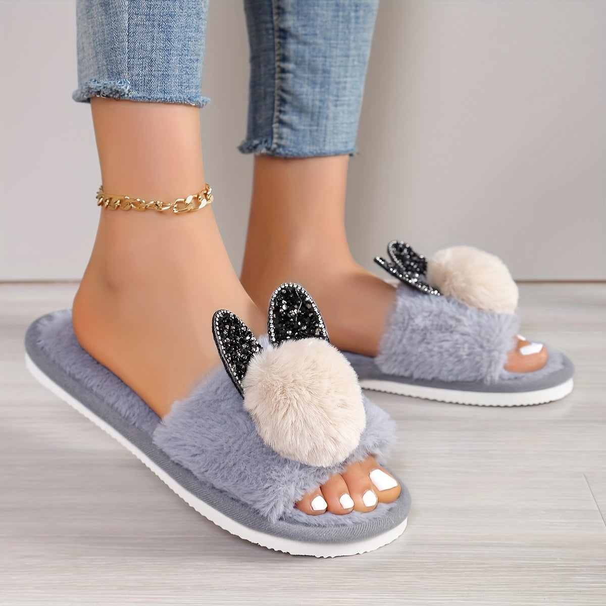 Zapatillas con orejas de conejo con purpurina para mujer, interiores, para todas las estaciones, con felpa de peluche, zapatos de casa de EVA