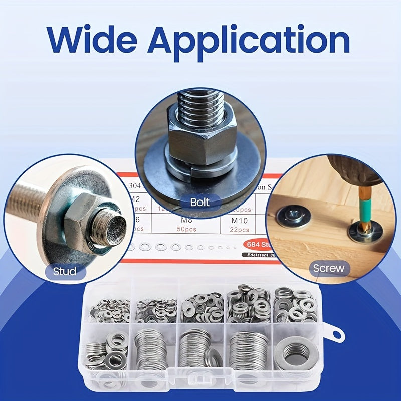 180pcs Stainless Steel Washer Ring Set M2-M10 Polished Durable Hardware