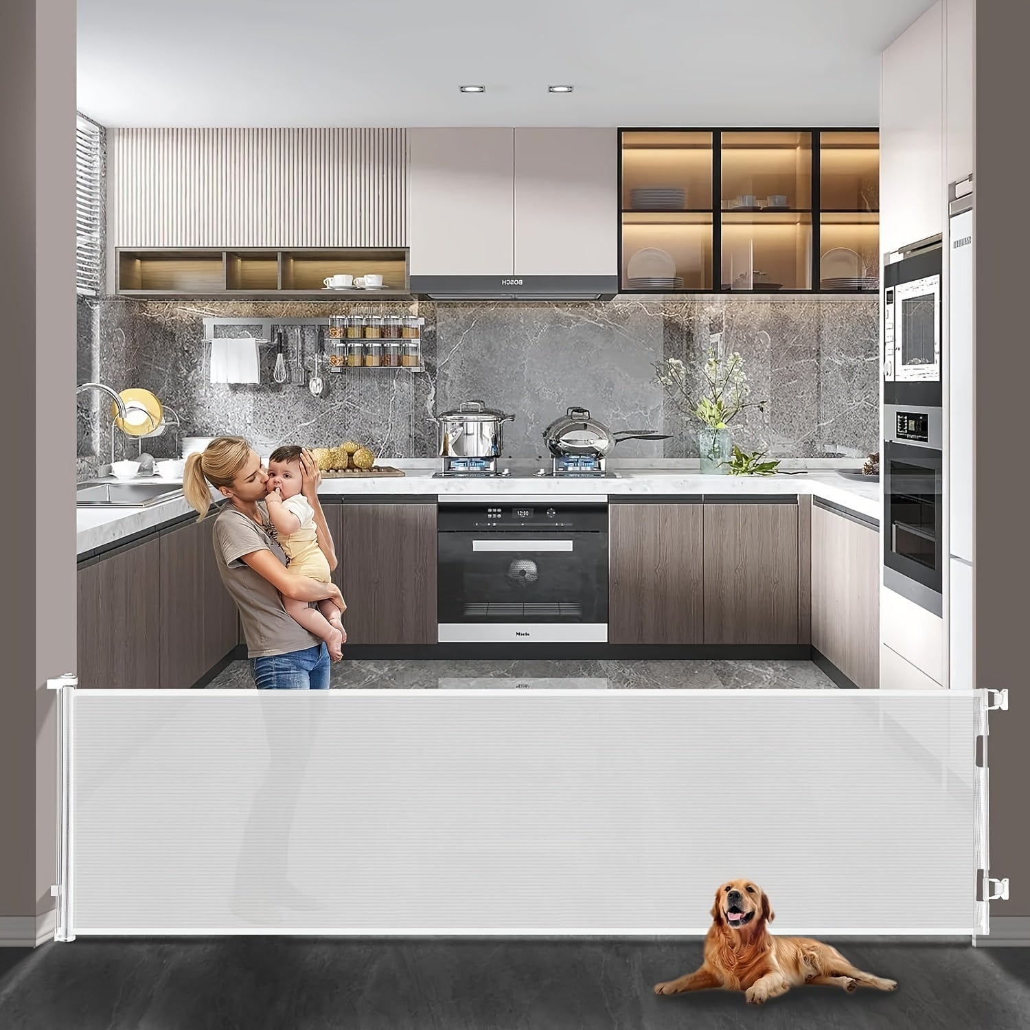 Baby Safety Gate Retractable Mesh Adjustable Height 83.82cm to 104.14cm for Doorways Stairs Hallways Indoor Outdoor