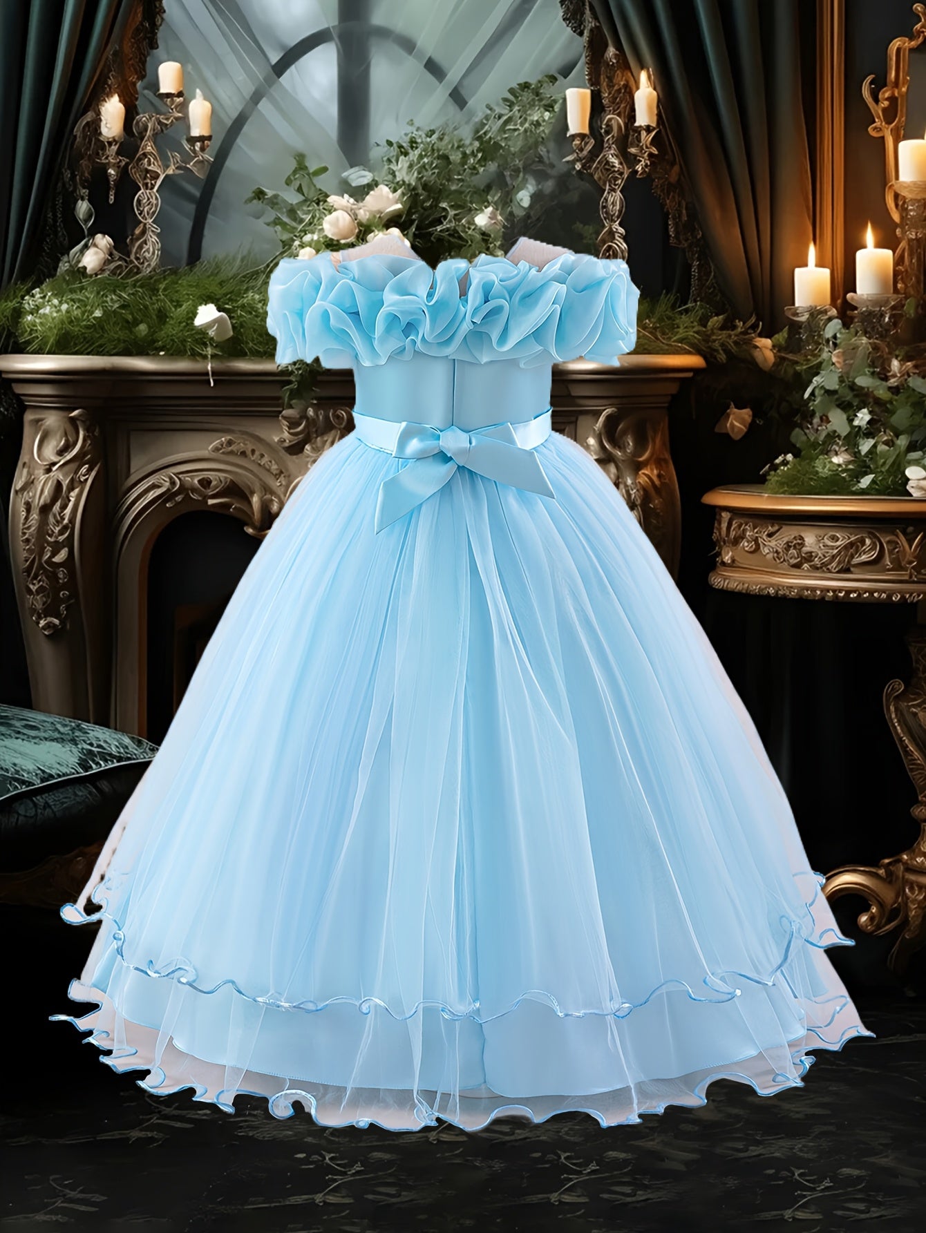 Girls' Long Embroidered Off-Shoulder Princess Dress with Pearl Tassels for Weddings and Parties