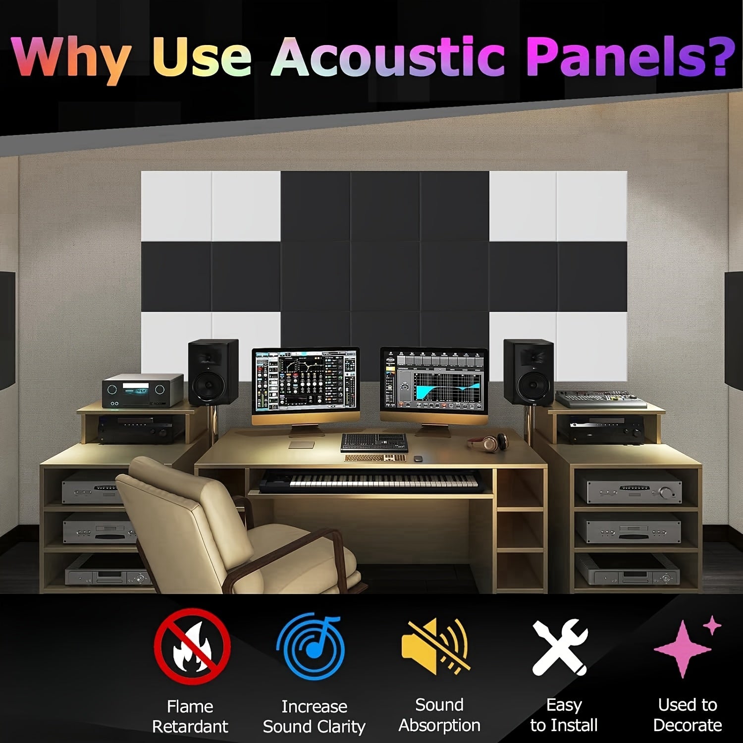 HERTBER 28-Pack самоклеящиеся акустические пенопанели (30.48x30.48x1.02 см) для звукоизоляции в доме, студии и офисе. Идеально подходит для звукозаписывающих студий, театров и концертных залов.