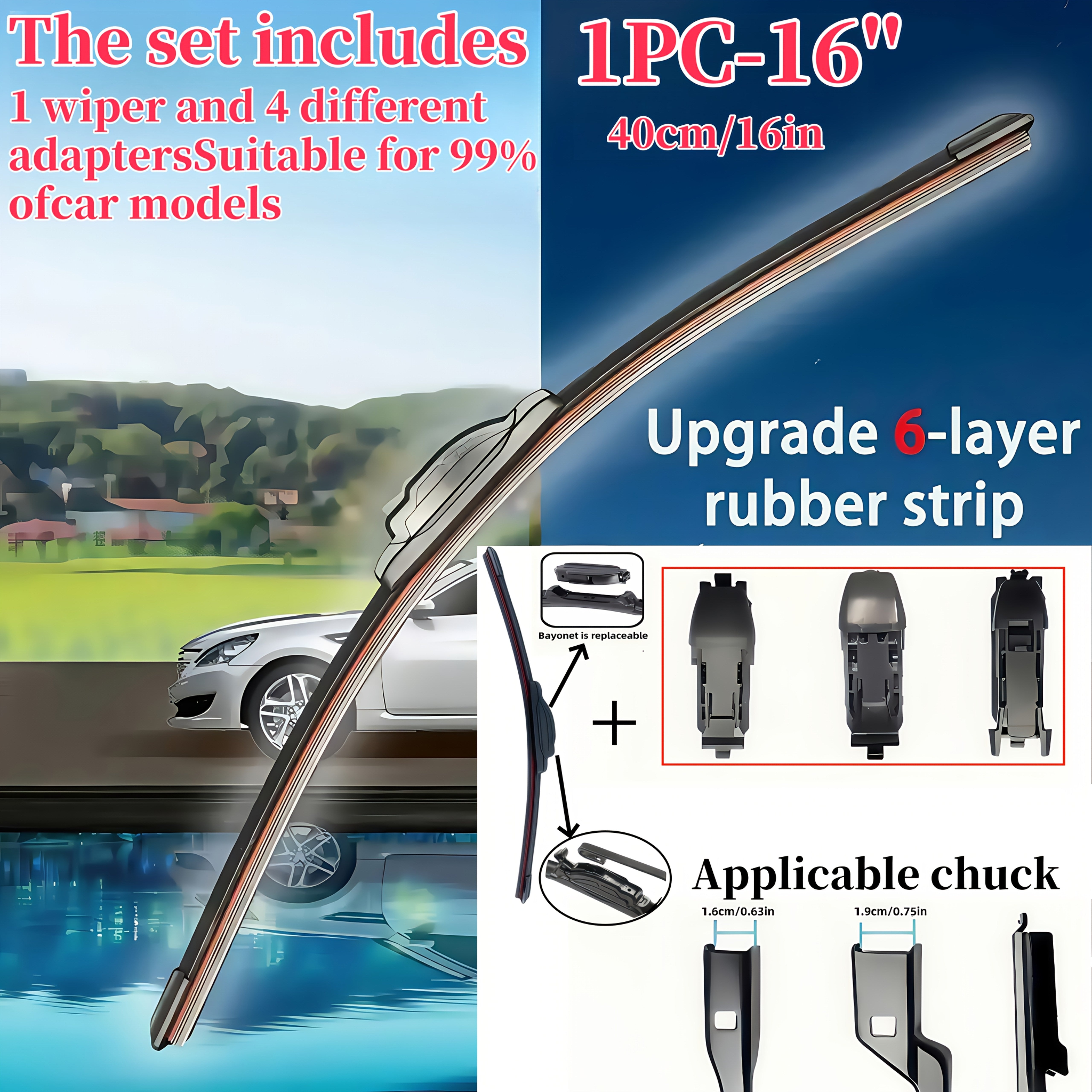 Car Windshield Wiper Blade Set with Adapters 35-71cm Durable Rubber Quiet