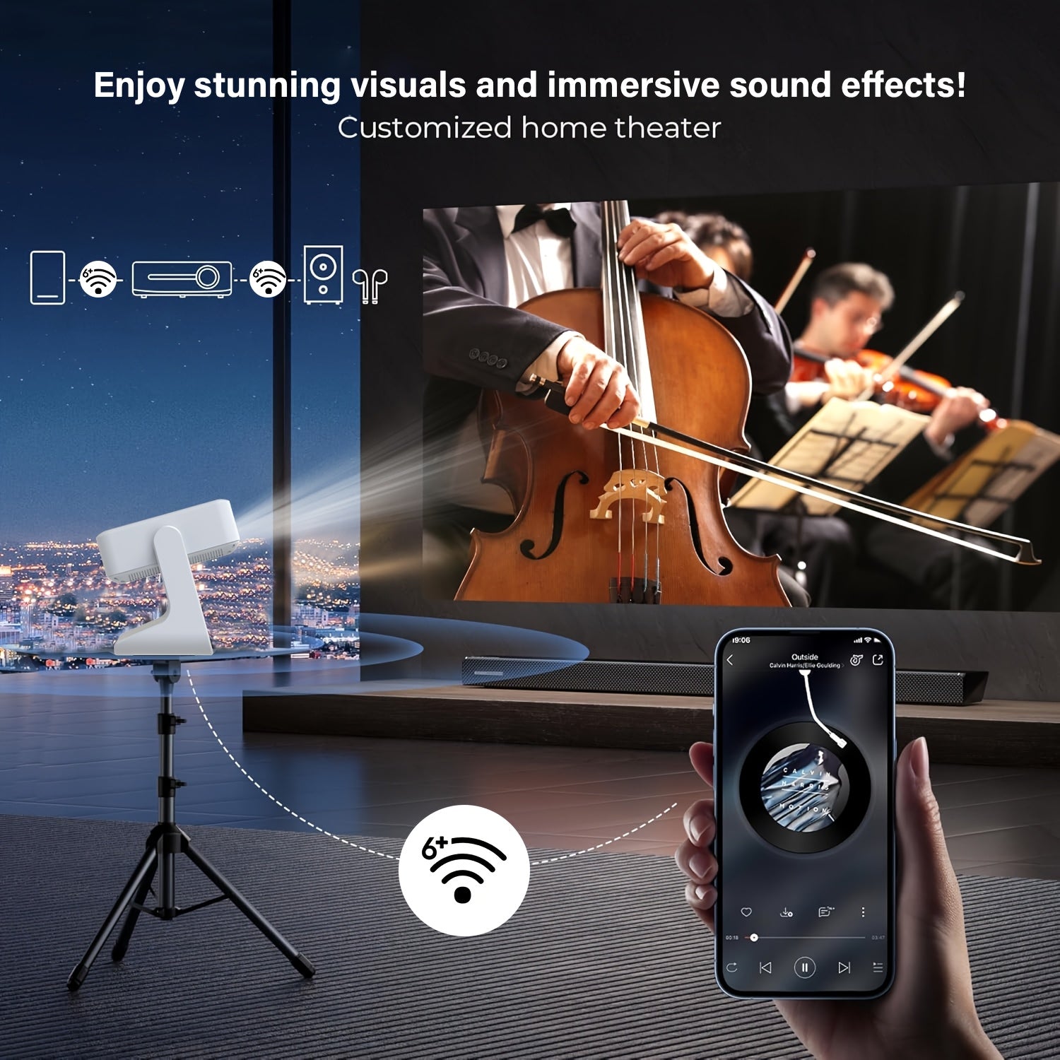 Умный 4K домашний кинотеатр проектор с 8-дюйковым сенсорным экраном WiFi6 автофокус