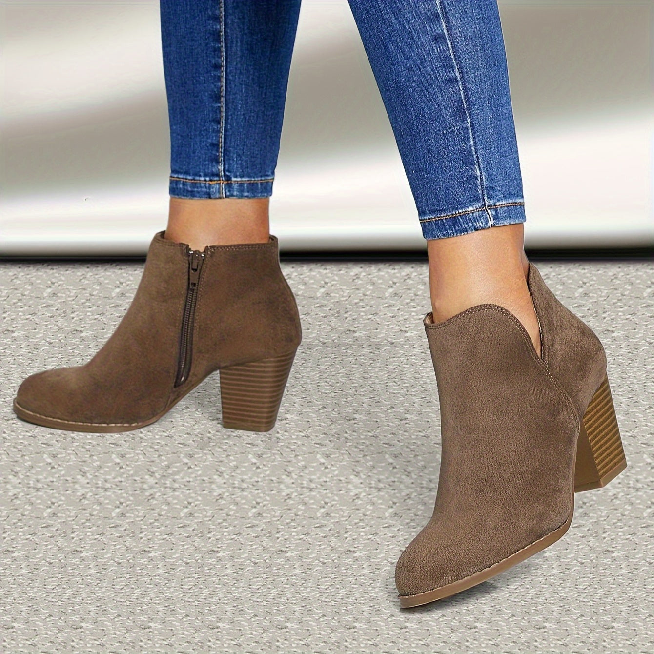 Women's Ankle Boots With Zipper Closure, High Block Heels, PU Lined