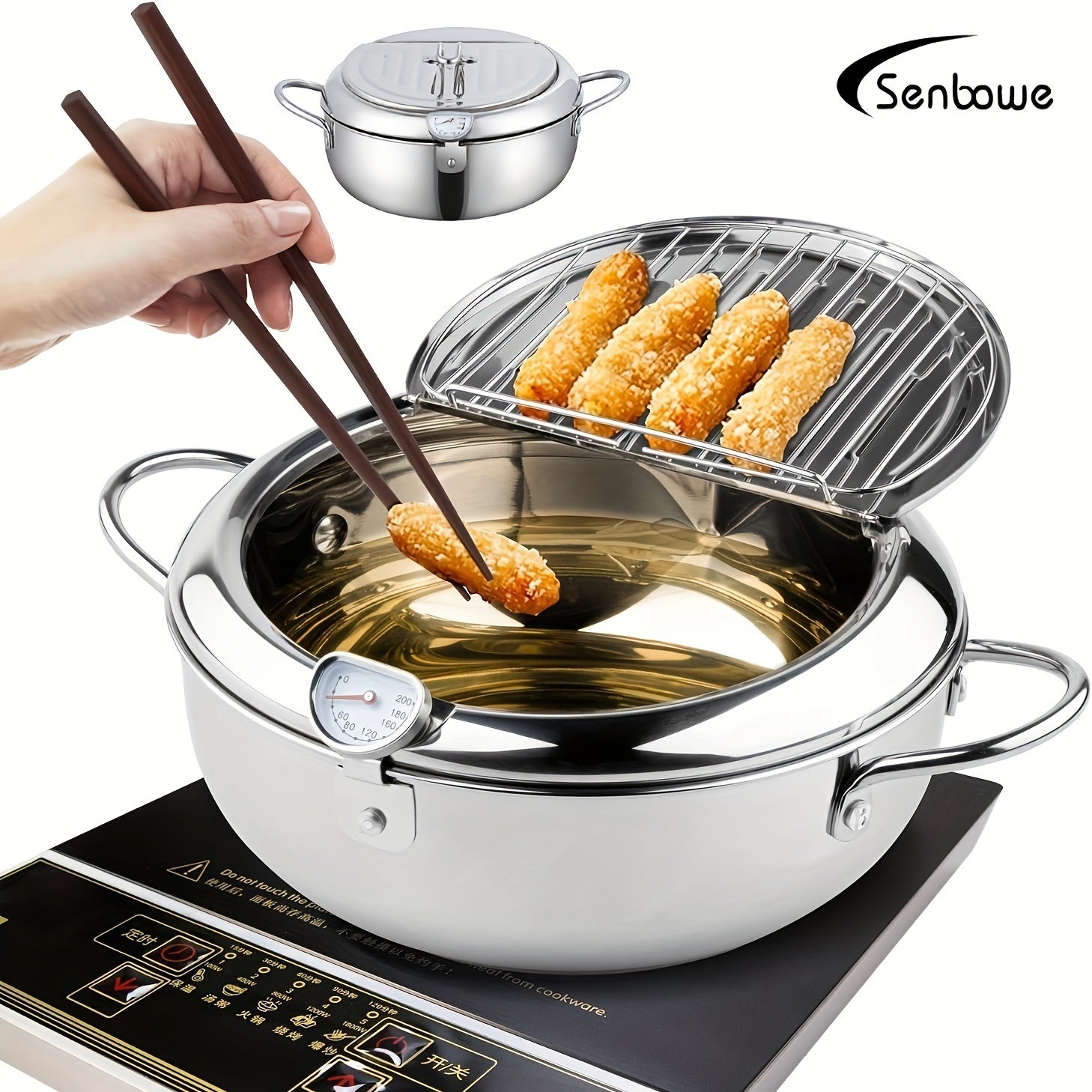 SENBOWE Mini Deep Fryer with Thermometer, 304 Stainless Steel, Tempura, Chips, Fish va Chicken uchun mukammal