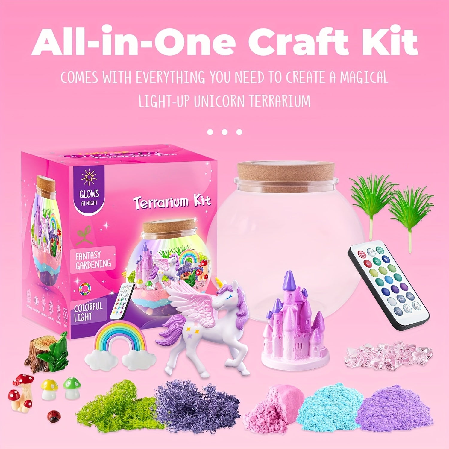 Girls Pink Unicorn Fantasy Castle LED Light-Up Terrarium Craft Kit with Sand and Decorations