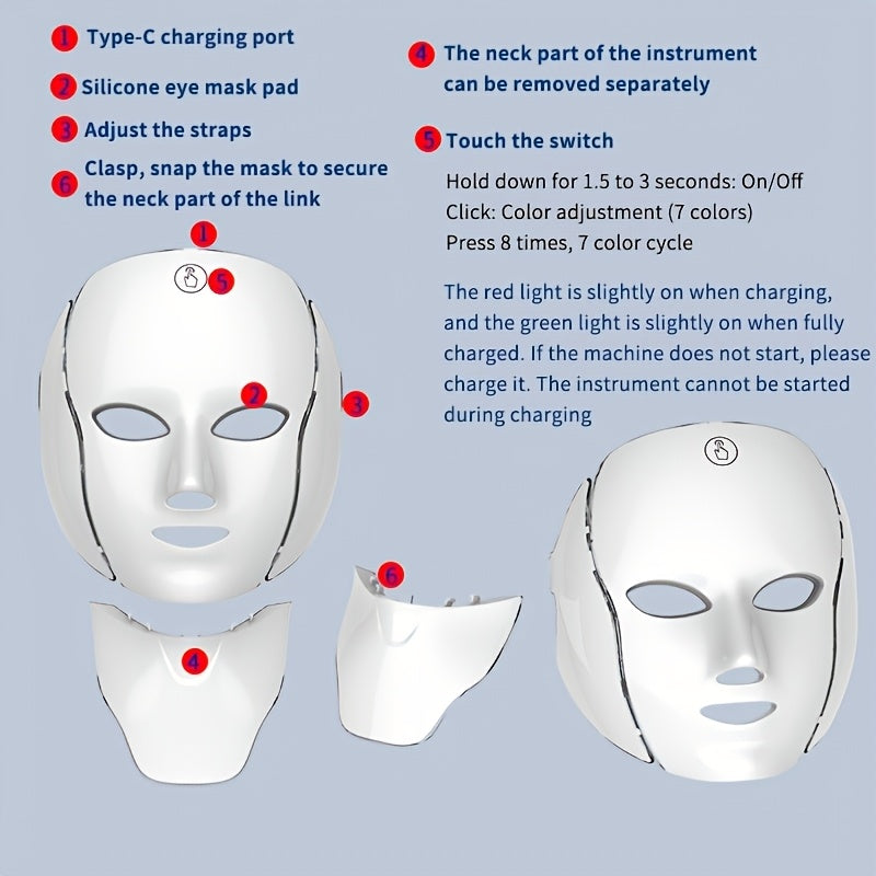 7-Рангли парвариш маскаси юз ва юрак учун USB қайта зарядланадиган, сенсорли экран, портатив, қайта ишлатилиши мумкин