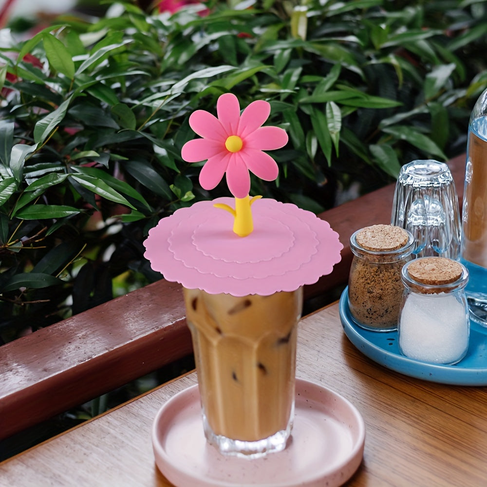 Set of 2 Colorful Sunflower Silicone Cup Lids for Mugs and Glassware Pink Green Purple