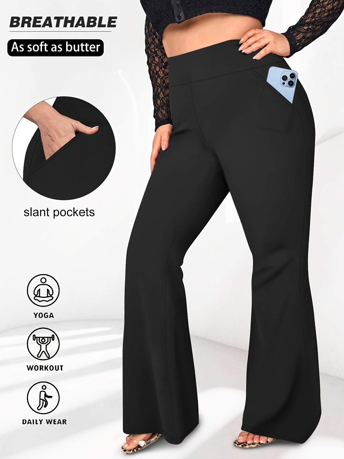 Women's Plus Size High Waist Flared Pants Black All-Season Stretch