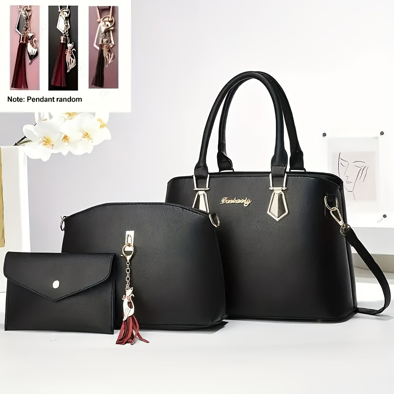 Women's 3-Piece Faux Leather Handbag Set with Tassel Crossbody Tote and Sling