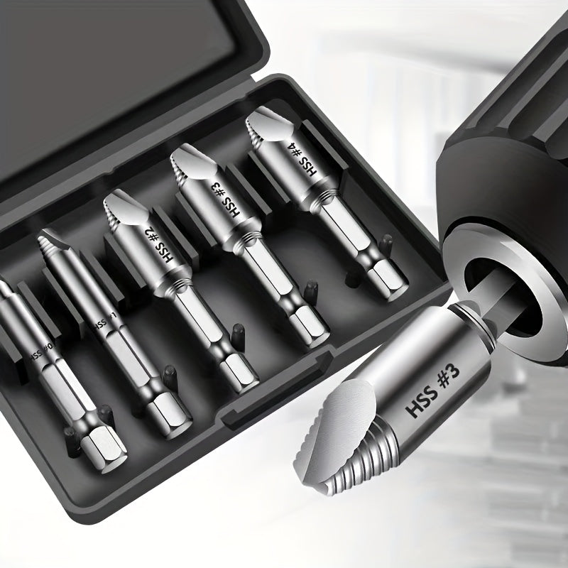 Juego de extractores de tornillos de acero de alta velocidad de 5 piezas para quitar tornillos y pernos rotos