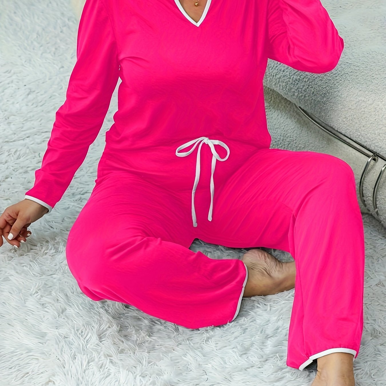 Plus Size Lounge Set Women Notched Neck Long Sleeve Tee & Lace Up Pants