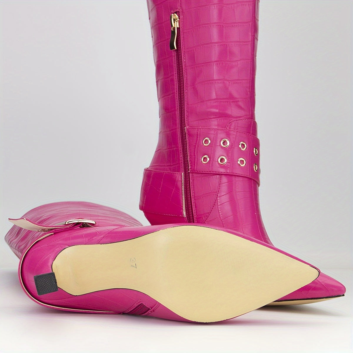 Women's Solid Color Dress Boots With Side Zipper and Buckle