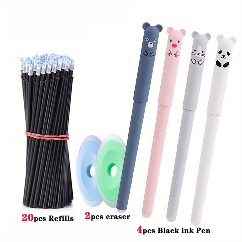26 ta hayvon panda o'chiriladigan gel qalamlar to'plami, yuviladigan tutqich bilan, 4 ta qalam, 20 ta to'ldirish va 2 ta o'chirgichni o'z ichiga oladi. Maktab yoki ofisda foydalanish uchun mukammal.