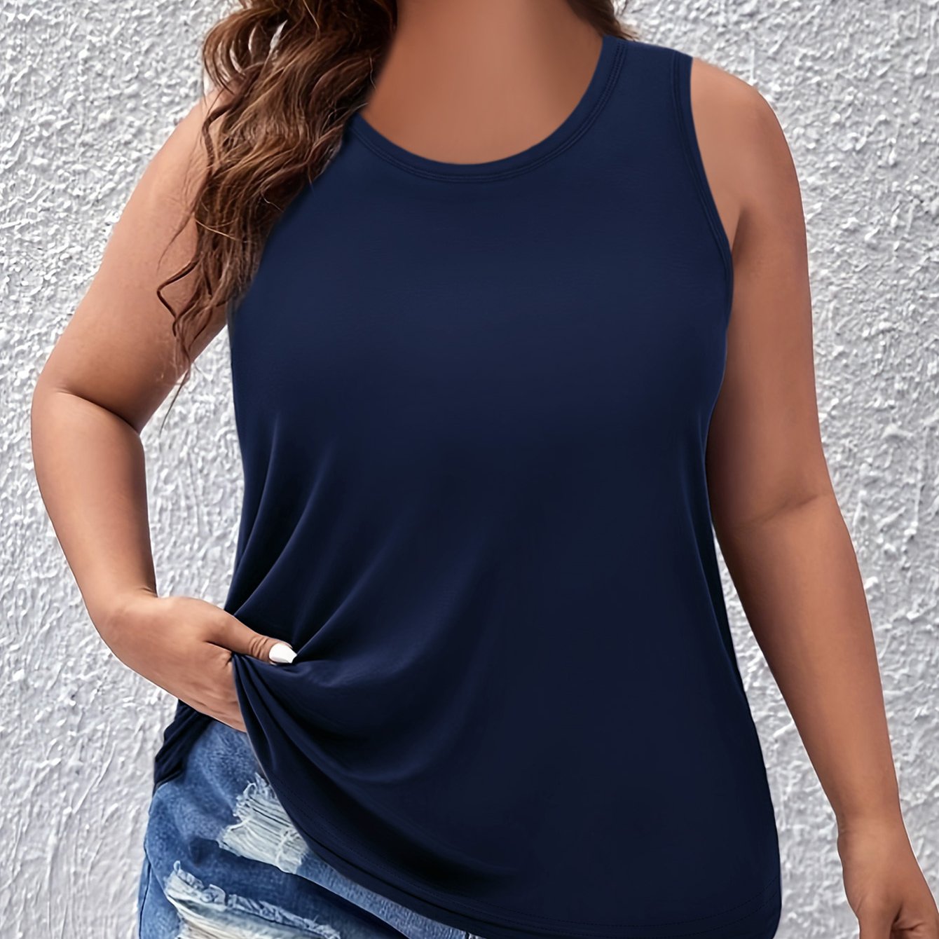 Women's Navy Blue Sleeveless Tank Top Polyester Casual Round Neck