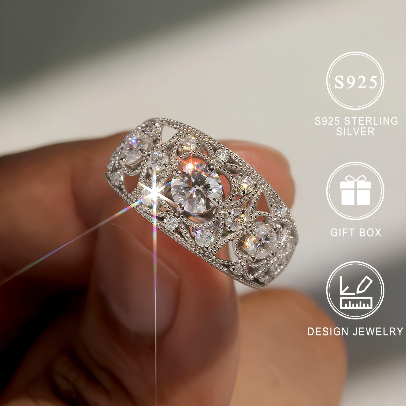 Women's Silver Ring 4.5g S925 Nickel-Free Synthetic Zircon Luxury Jewelry for Daily and Holiday Wear