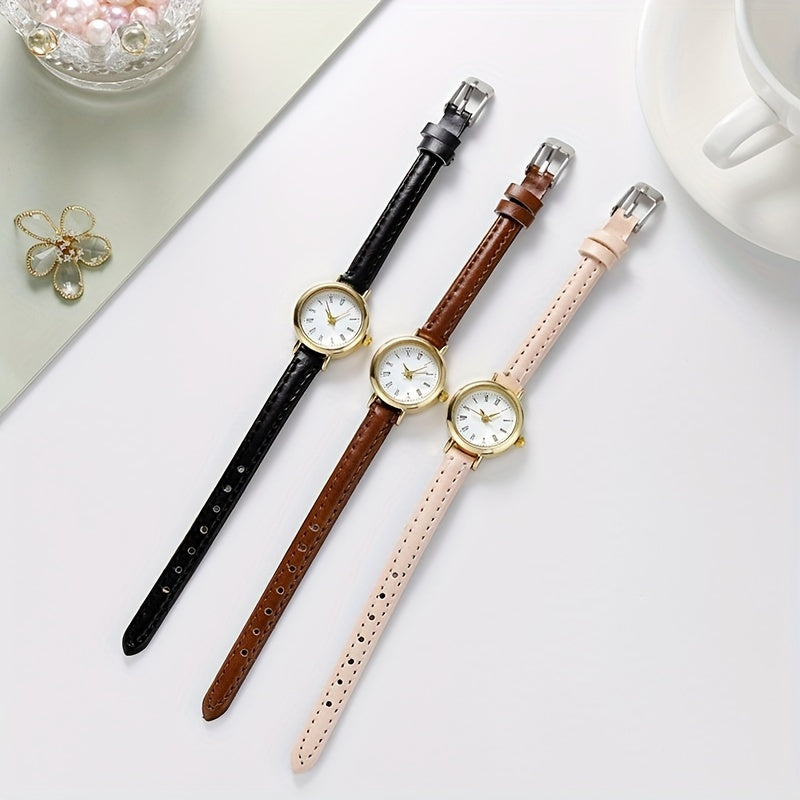 Women's Quartz Watch Casual Round Alloy Case PU Leather Band Retro Rome Style