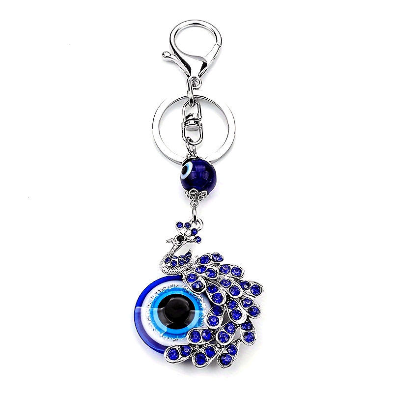 Blue Evil Eye Keychain with Rhinestone Peacock Design Alloy Bag Charm for Women