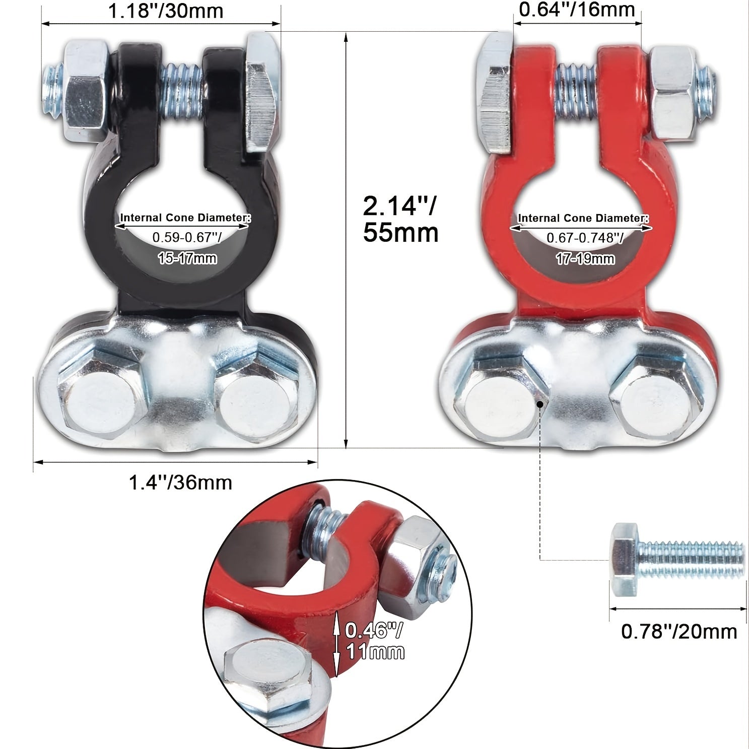 2 ta to'plam avtomobil akkumulyator terminali ulashlari, ijobiy va salbiy avtomobil terminali