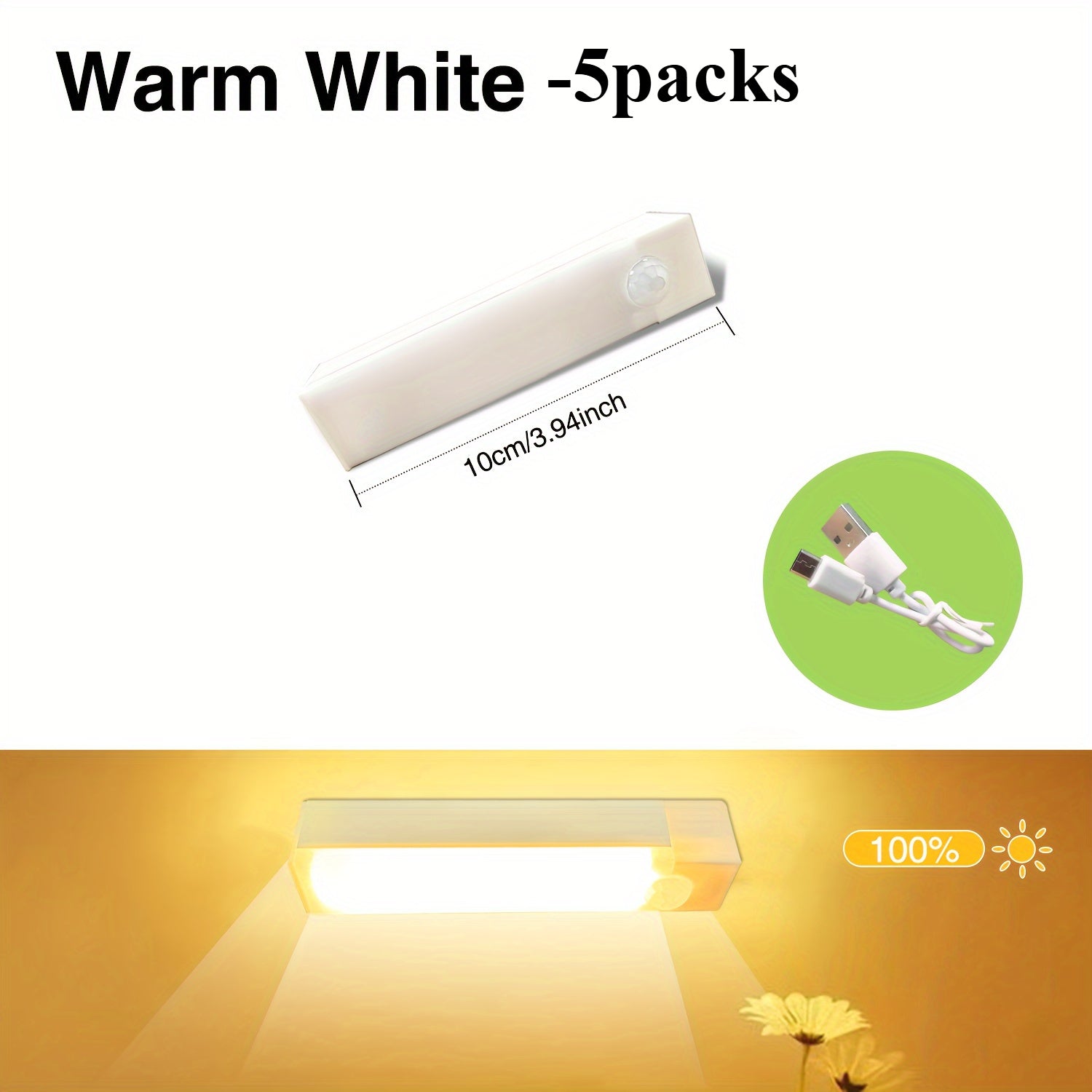 5 Pack LED Motion Sensor Lights with USB Rechargeable Batteries for Wireless Under Cabinet, Hallway, Kitchen, Stairs, Wardrobe