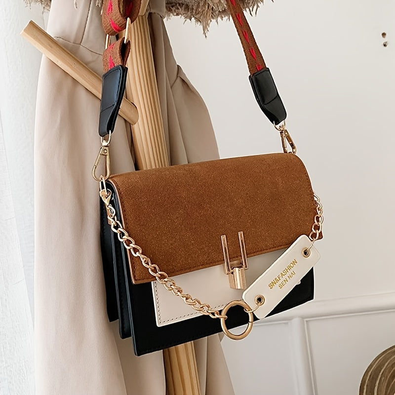 Faux Leather Crossbody Bag for Women with Chain Decor and Adjustable Strap