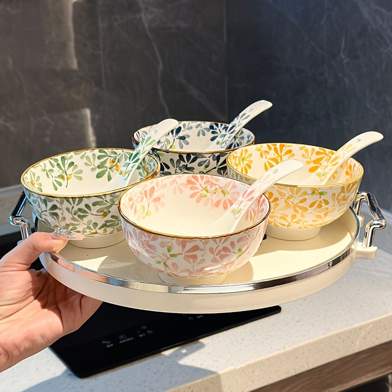Set of 4 Ceramic Bowls with Floral Patterns, Dishwasher Safe, Oven and Microwave Safe