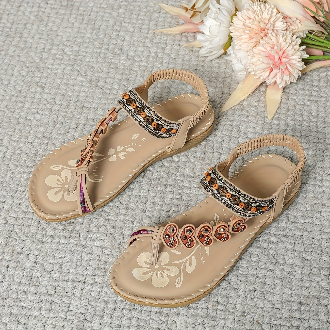 Women's Bohemian Flat Sandals with Beaded Rhinestone Accents in Brown and Gold