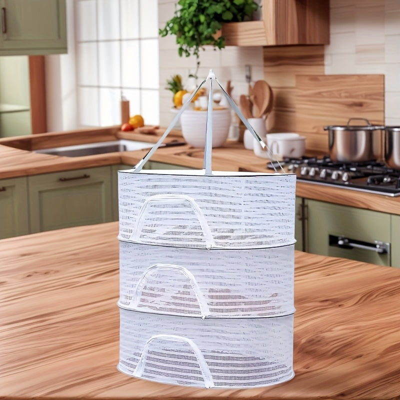 White Polyester Circular Folding Drying Rack with 3 Tiers for Kitchen and Balcony