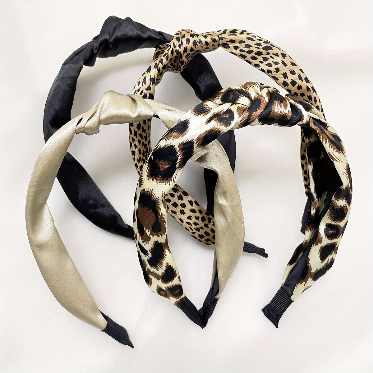 Ayollar uchun to'rt ta vintage leopard print keng qirrali bosh bandlari va tugilgan soch halqalarining to'plami