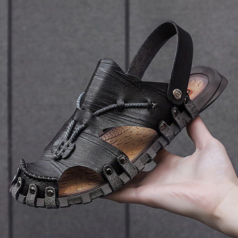 Men's Casual Sandals Synthetic Leather Slip-On Summer Brown Black Durable Comfort