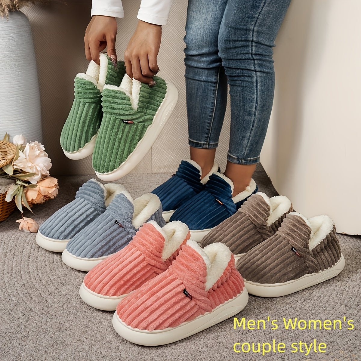 Unisex Plush Cozy Winter Home Shoes Soft Warm Flat-Heel Indoor Slippers