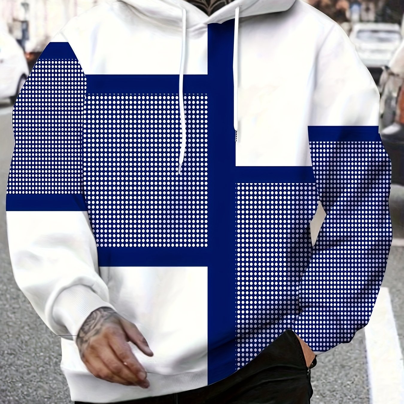 Erkaklar uchun raqamli bosma kapüşonli sviter, polyester matodan, uzun yenglar, ozgina cho'zilish, naqshli dizayn va katta o'lchamlarda mavjud.