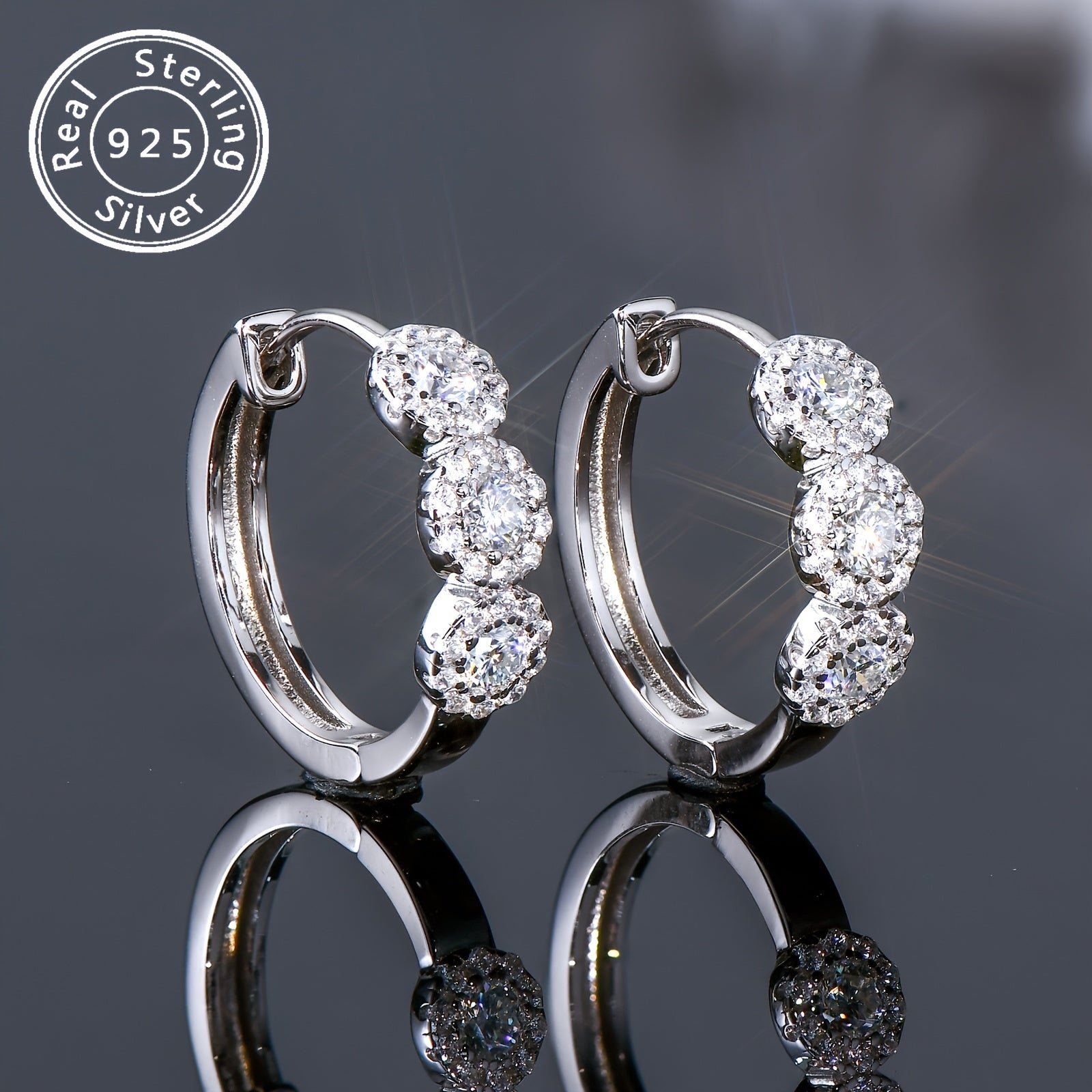 Sterling Silver Hoop Earrings with Moissanite and Zirconia 14K Gold Plated for Women