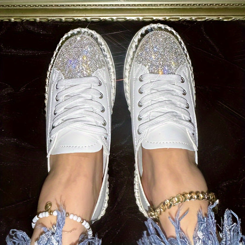 Women's Rhinestone Sneakers Platform Casual Shoes White Lace-Up Flats Plus Size
