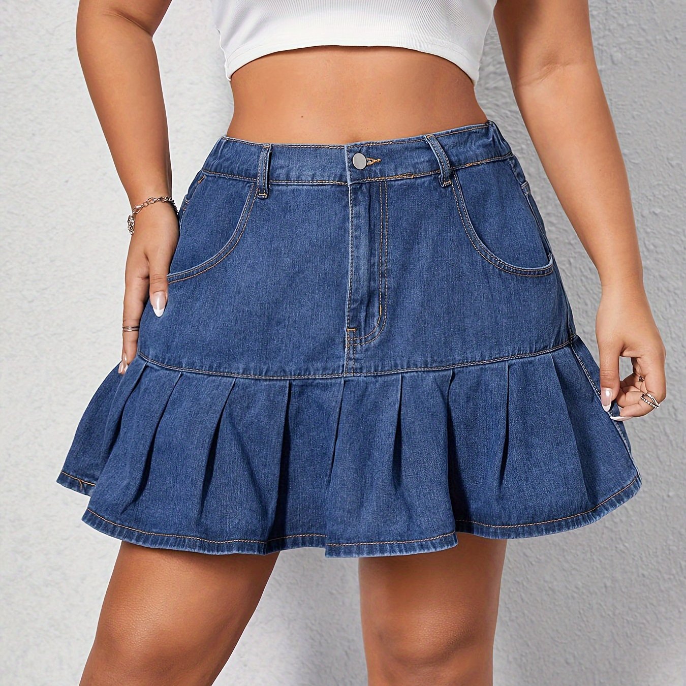 Women's Blue Denim Pleated Skort High-Rise Spring Summer Non-Stretch