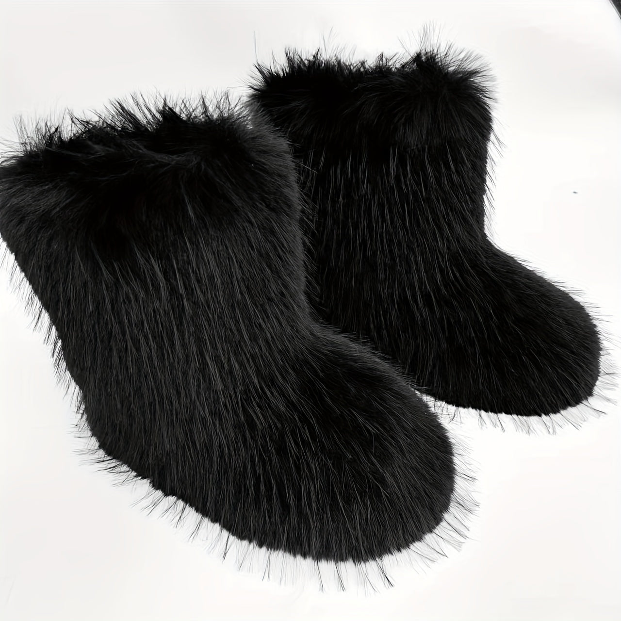 Women's Faux Fur Mid-Calf Snow Boots Warm Winter Slip-On Flat Shoes