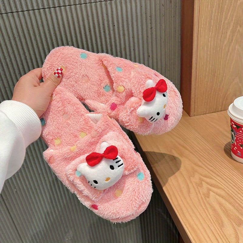 Women's Plush Polka Dot Slippers with Red Bows Fleece Lining Indoor House Shoes