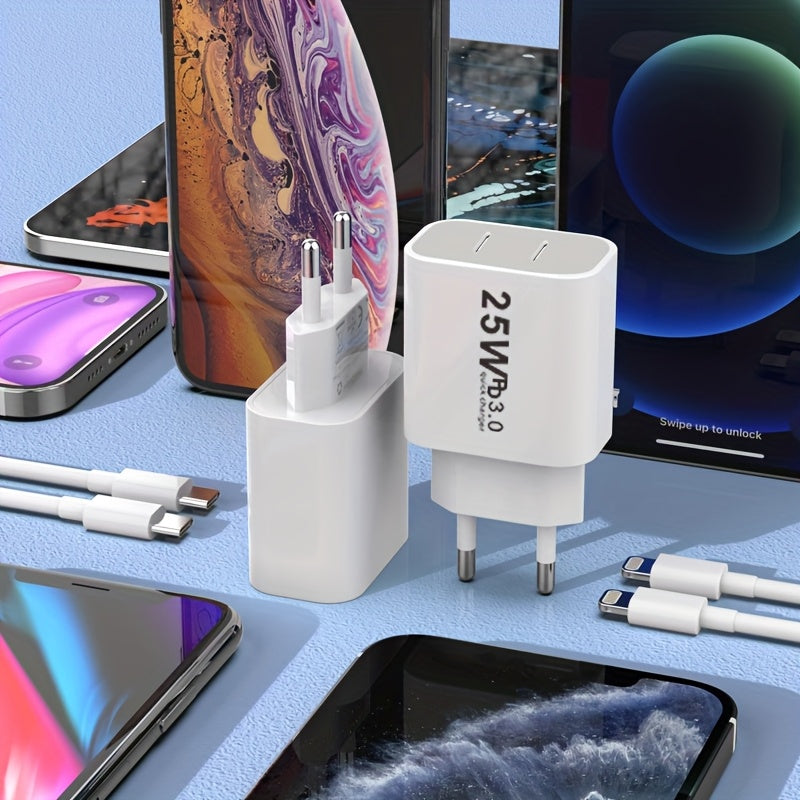 Cargador rápido dual USB-C de 25W con enchufe europeo para iPhone, Samsung y dispositivos Android