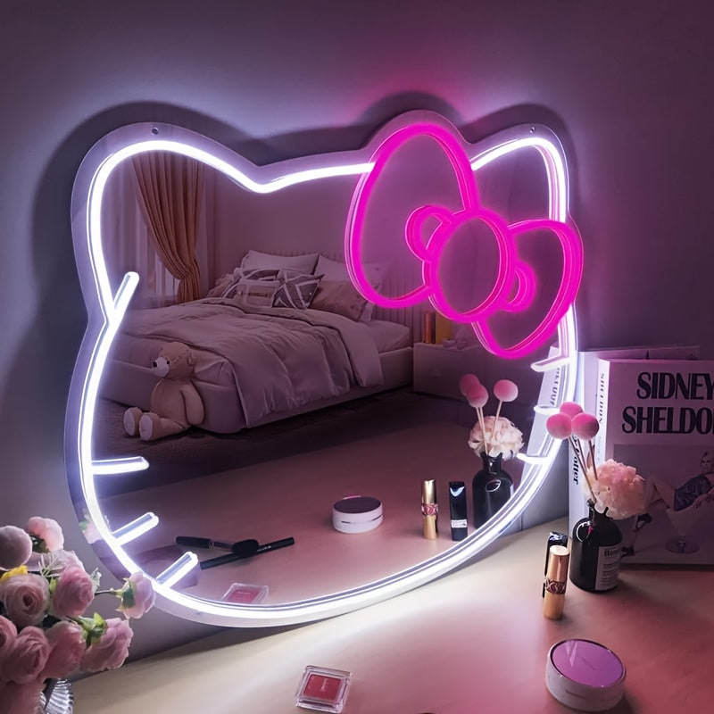 1 dona USB quvvatlangan Hello Kitty multfilm oval LED neon chiroq ko'zgu, turli xonalar uchun dimmable plastik ramka - Yorqin dekor.