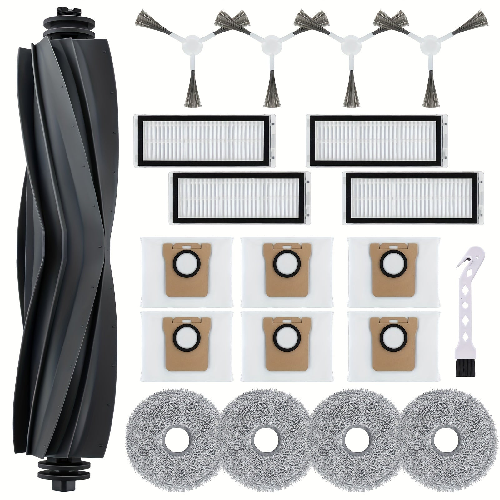Dreame L20 Ultra Robot Tozalovchi uchun aksessuarlar 1 ta asosiy cho'tka, 4 ta filtr, 4 ta mato, 4 ta yon cho'tka, 6 ta chang sumkasi va 1 ta tozalash cho'tkasini o'z ichiga oladi.
