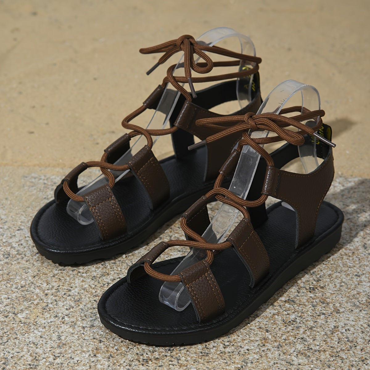 Women's Faux Leather Flat Sandals Open Toe Ankle Straps Casual Brown