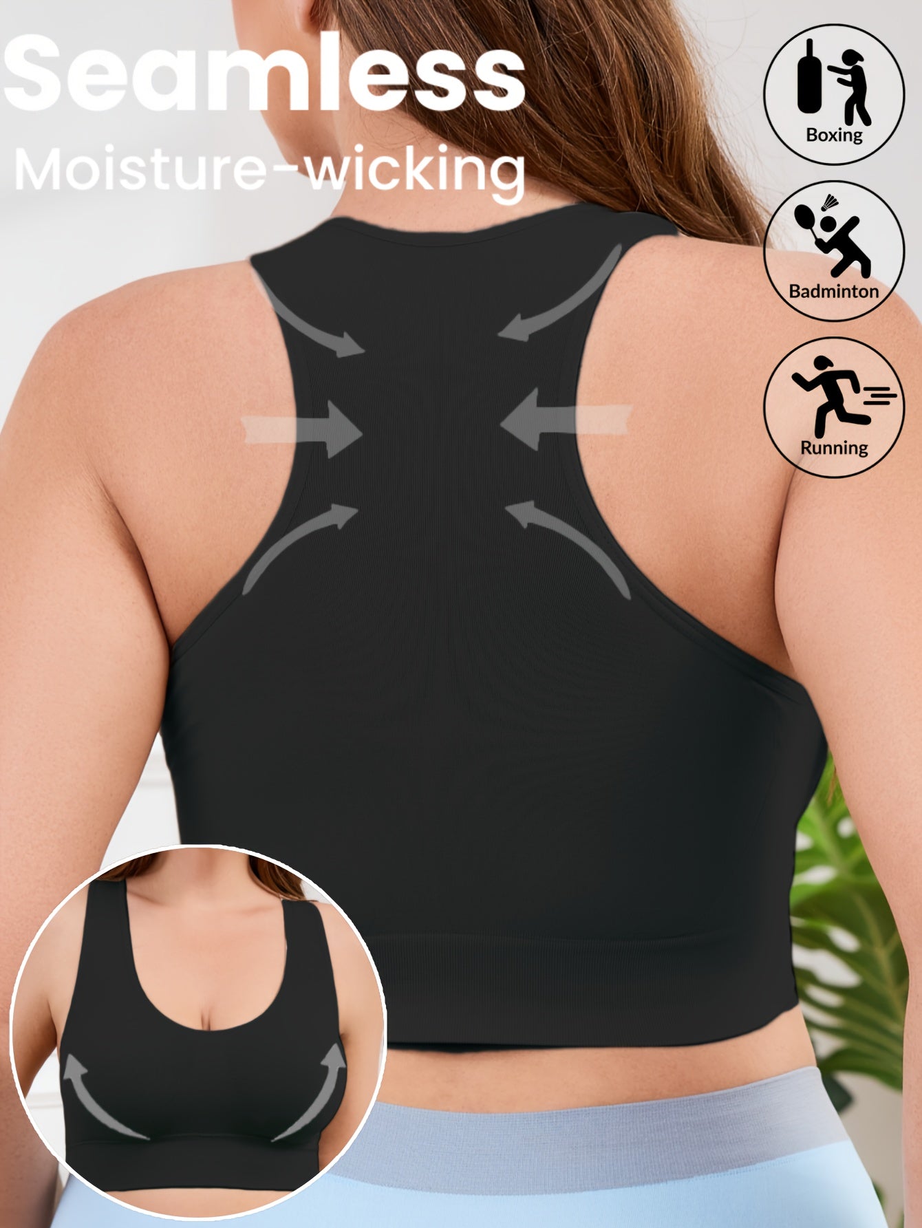 Women's Plus Size Seamless Moisture-Wicking Sports Bra Black for Yoga Gym