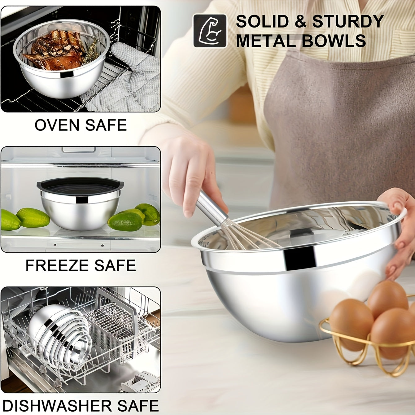 Set of 7 Stainless Steel Mixing Bowls with Black Lids and Flossing Tools