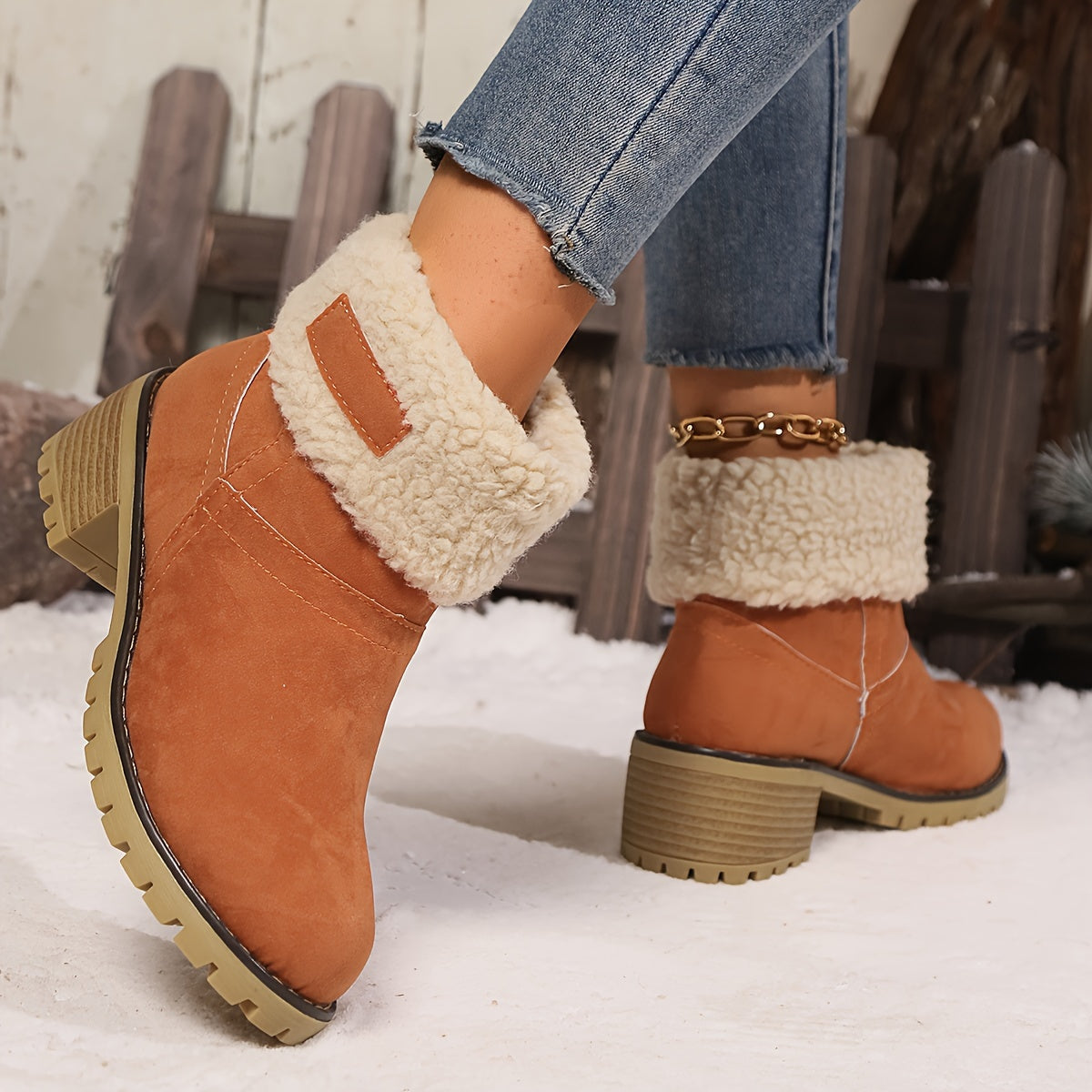 Women's Winter Slip-On Chunky Heel Snow Boots with Faux Fur Lining